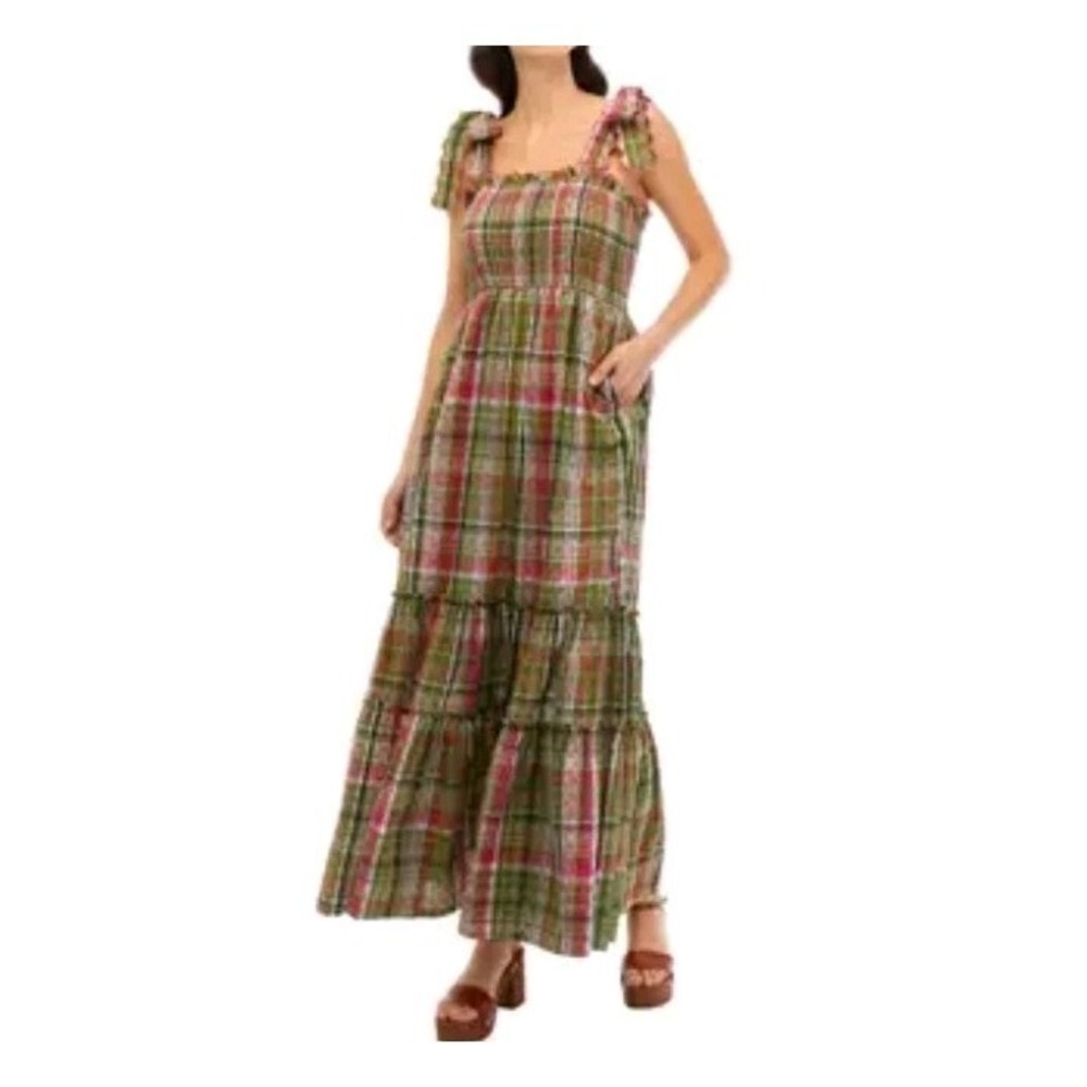 Crown & Ivy Women's Large Plaid Smocked Maxi SunDress